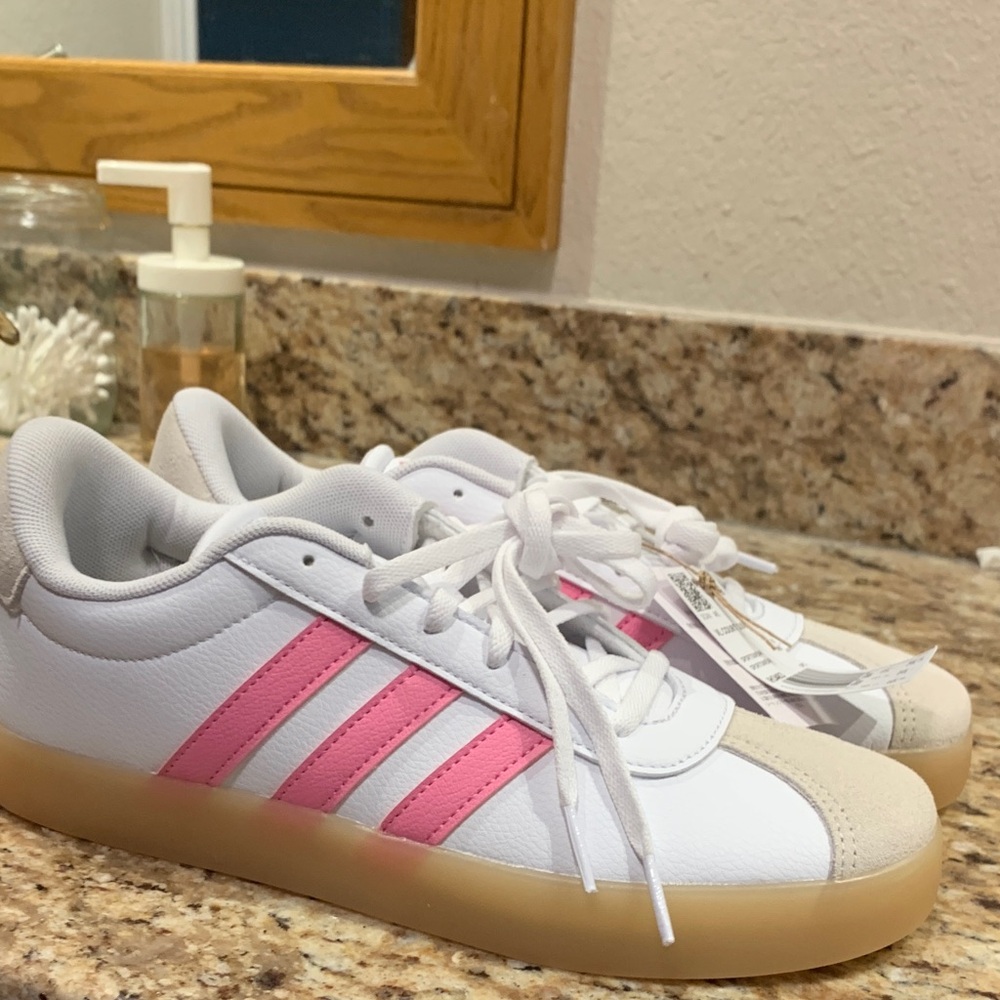 New Adidas White and Pink Striped Sambas